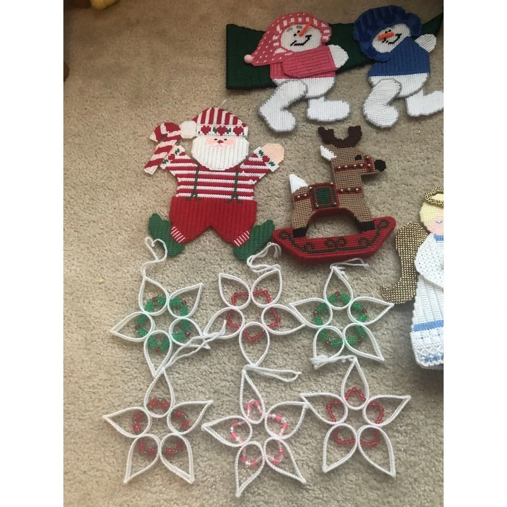 Plastic Canvas Needlepoint Christmas Crafts Handmade Finished Pieces Lot Of 16